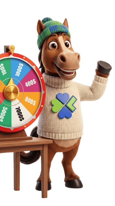 Luck, o mascote da LotWeek, girando uma roleta de prêmios