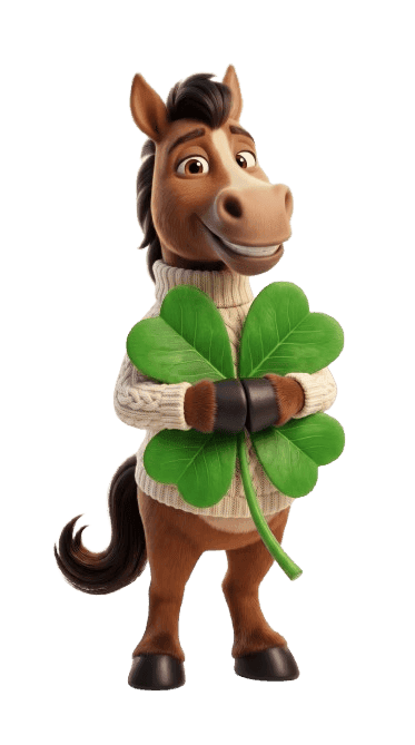 Luck, o mascote da LotWeek, abraçando um trevo de quatro folhas