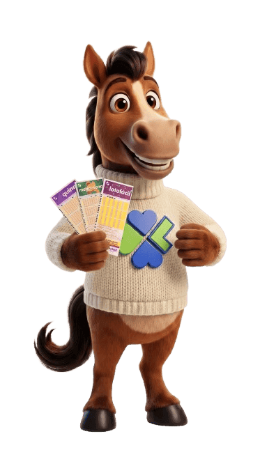 Luck, o mascote da LotWeek, segurando volantes de loteria
